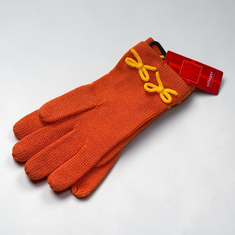 Vintage Villager Liz Claiborne Knit Gloves Orange Yellow Bow NWT Womens One Size